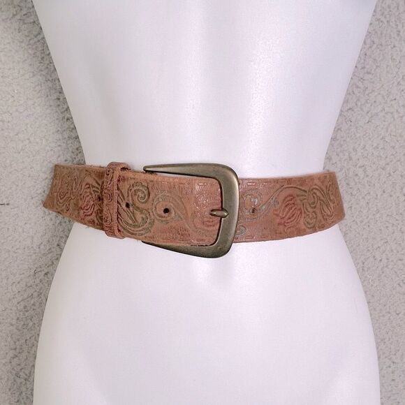 WOMENS LEATHER BELT BROWN WITH DESIGN PATTERN ON OUTSIDE SIZE M - Picture 1 of 6